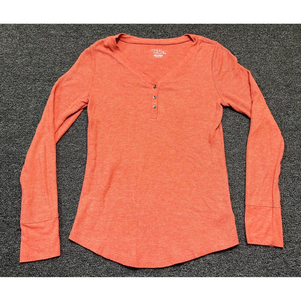Time And Tru Henley Top Women's M Orange Ribbed Knit Long Sleeve Button Placket